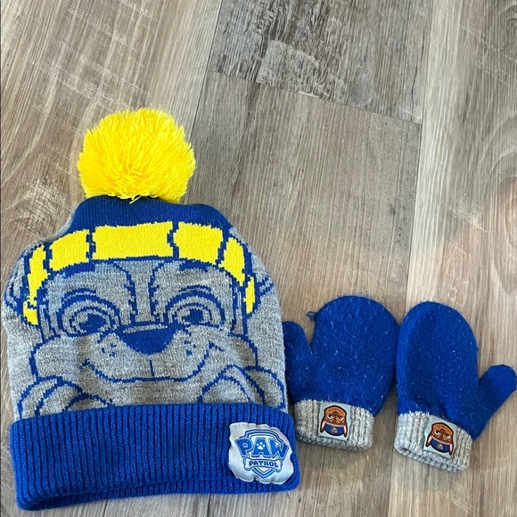 Lightly used Paw Patrol ‘Chase’ blue/yellow/gray pom-pom beanie & mittens! - Picture 1 of 5
